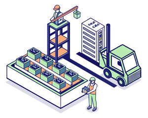Smart vertical farming plant factory using robots and AI for vegetable cultivation isometric isolated illustration.
