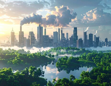 Futuristic City Skyline Emerging from Lush Greenery at Sunrise