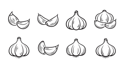 Collection of hand drawn garlic bulbs and cloves in a simple silhouette style