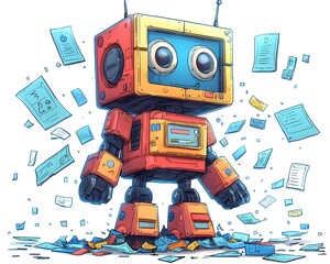 Robotic Intelligence: A whimsical robot, with a square head and endearing eyes, surrounded by a flurry of documents. The image evokes themes of technology, data processing.