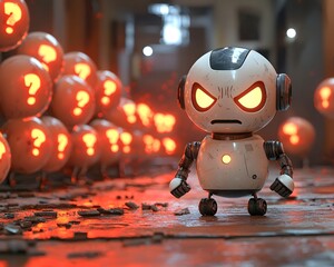 Curiosity Sparked: A defiant robot, with glowing eyes, stands amidst a swarm of question mark spheres, hinting at the potential mysteries and wonders that lie ahead. 