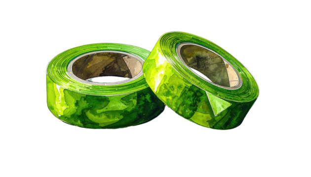 Two rolls of vibrant green tape, circular, overlapping.  The tape has a mottled, marbled effect