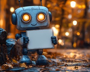 Friendly Robot's Message: A charming retro-style robot cheerfully holds a blank sign, creating a captivating image that is versatile for digital marketing. 