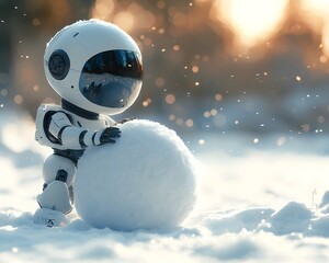 Cute robot with a snowball: a delightful robot is joyfully building a snowman with a large snowball, set against a background of winter wonderland.