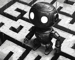 Robot Navigate the Maze: A determined robot, embodying Artificial Intelligence, confidently navigates the intricate paths of a maze, a symbol of technological advancement and the pursuit of solutions.