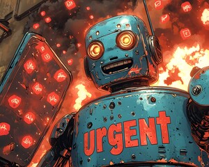 Robot's Urgent Alert: A steampunk-inspired robot, its metallic body emblazoned with the word URGENT, stands amid a fiery backdrop. The scene evokes a sense of digital urgency.