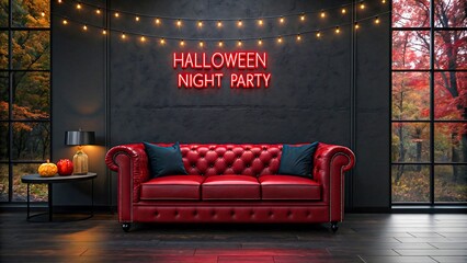 Halloween night party interior with neon sign and sofa