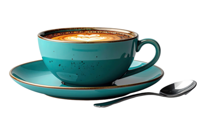 Teal ceramic coffee cup with latte art