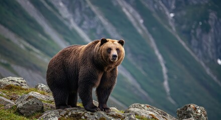 Majestic grizzly bear stands powerfully on rocky terrain with a stunning, misty mountain backdrop, embodying wild nature and untamed freedom for adventurous exploration.