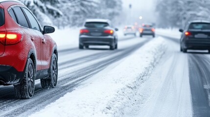 Fototapeta premium Red Car Driving on Snowy Road in Winter Landscape with Other Vehicles