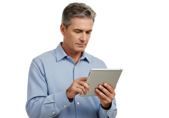 Mature man in blue shirt using a tablet device with his fingers on a white background