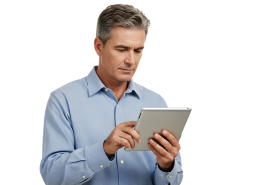 Mature man in blue shirt using a tablet device with his fingers on a white background