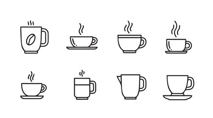 Collection of eight steaming coffee and tea cups in a minimalist silhouette style