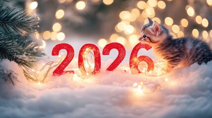 A kitten sits near red numerals two thousand twenty six with christmas lights and pine branch decor