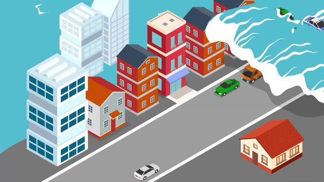 Tsunami Wave Hitting Coastal City 3d animation cartoon
