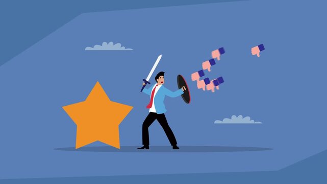 A businessman holding a sword and shield, defending against negative feedback and thumbs-down icons to protect a golden star, symbolizing quality and positive reputation cartoon animation