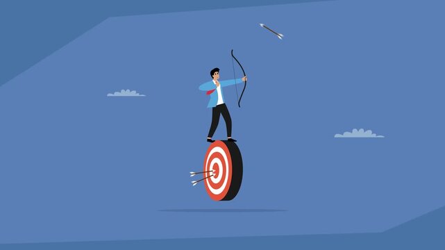 A businessman standing on a target while shooting a bow and arrow, symbolizing the concept of business success and achieving goals cartoon animation