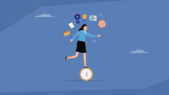A businesswoman balancing on a clock, surrounded by business icons, symbolizing time management, productivity, and achieving goals under time pressure cartoon animation