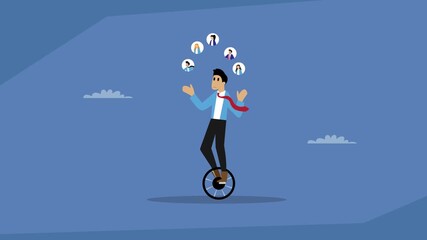 A businessman on a unicycle juggling businesspeople, symbolizing a manager multitasking, leading a team, and balancing multiple roles cartoon animation - Powered by Adobe