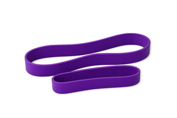 A purple resistance band designed for workouts, showing a stretched position to highlight its flexibility and potential use in fitness routines