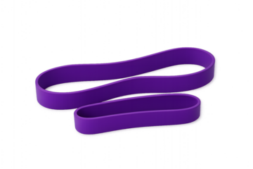 A purple resistance band designed for workouts, showing a stretched position to highlight its flexibility and potential use in fitness routines