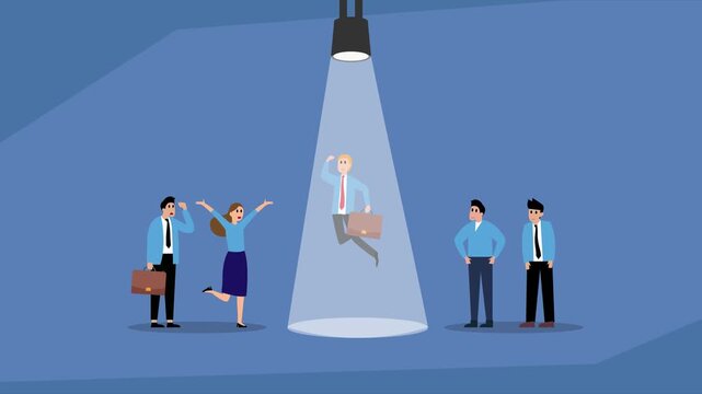 A businessman in a spotlight, celebrating a job promotion or a new opportunity while his colleagues look on, symbolizing career success and professional recognition cartoon animation