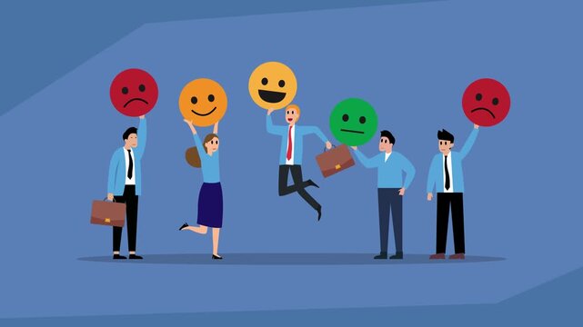 A group of businesspeople holding up different emoji icons, symbolizing customer satisfaction, feedback, and user reviews cartoon animation