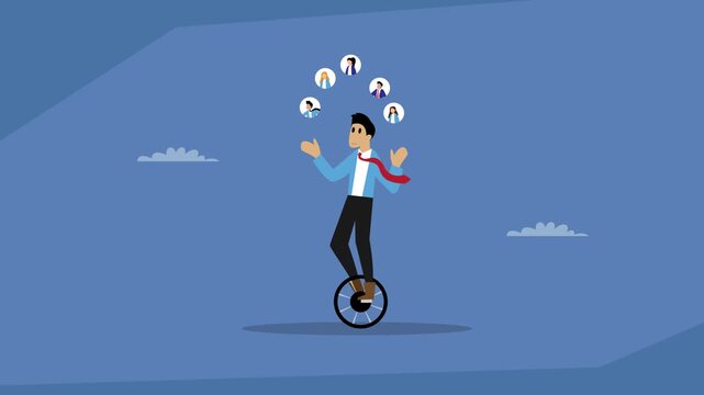 A businessman on a unicycle juggling businesspeople, symbolizing a manager multitasking, leading a team, and balancing multiple roles cartoon animation