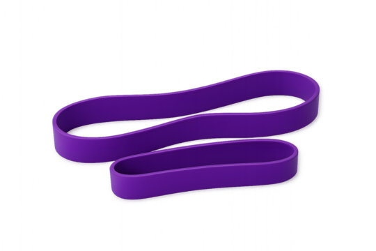 A purple resistance band designed for workouts, showing a stretched position to highlight its flexibility and potential use in fitness routines