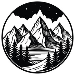 Minimalist line art depicting a vast mountain range under a clear sky