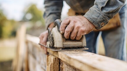 Carpenter using circular saw for precise cutting on wooden plank outdoors