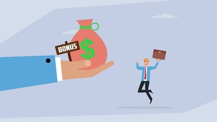 Receiving a bonus for performance. A happy businessman is jumping for joy as a giant hand offers him a bag of money with a "Bonus" sign cartoon animation
