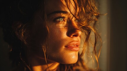 A portrait capturing a woman bathed in warm sunlight, radiating a sense of serenity and natural beauty. The focus is on the soft details, highlighting her captivating features and expression