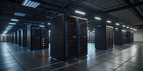 Dark modern data center interior with rows of server racks illuminated by subtle blue lighting ideal for technology infrastructure, cloud computing and cybersecurity concepts