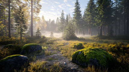 Misty Forest Path At Sunrise