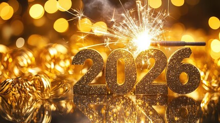 Golden year two thousand twenty six with sparkler and bokeh lights celebrating new year event concept
