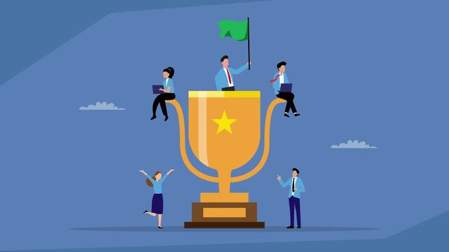 Team Victory: A Business Team Celebrates Winning a Gold Trophy, Symbolizing Successful Collaboration and a Shared Achievement cartoon animation