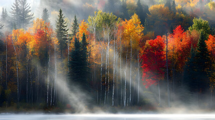 Fototapeta premium Autumn Forest With Sunlight Rays Through Fog