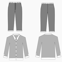Sketch drawing of casual wear, showing front and back views of a t-shirt and pants with pockets, ideal for fashion design templates.