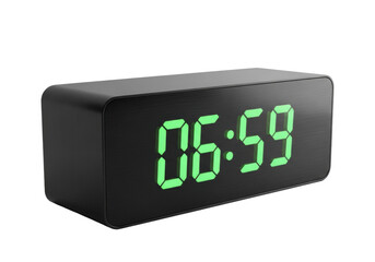 Oversized, sleek, matte black minimalist digital alarm clock with electric green LED display showing "06:59" on a light grey surface, isolated on white. Concept of modern technology and precision