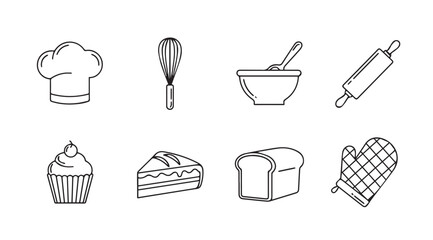 Collection of hand drawn baking utensils and treats silhouette