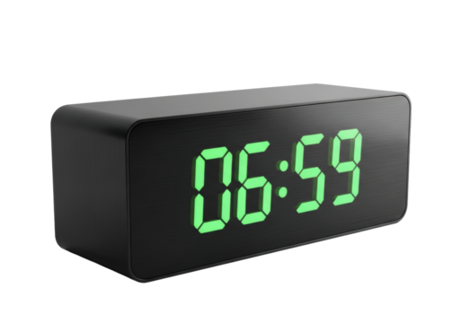 Oversized, sleek, matte black minimalist digital alarm clock with electric green LED display showing "06:59" on a light grey surface, isolated on white. Concept of modern technology and precision