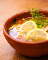 Lime soup is a traditional culinary preparation of Yucatecan cuisine. It is a light turkey or chicken broth, seasoned with various spices.