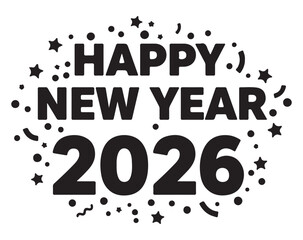 Happy New Year 2026 graphic design with confetti and stars.
