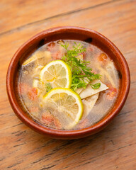 Lime soup is a traditional culinary preparation of Yucatecan cuisine. It is a light turkey or chicken broth, seasoned with various spices.