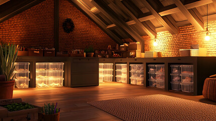 Cozy Attic Kitchen With Warm Lighting