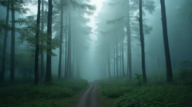 A misty forest with dense foliage and towering trees