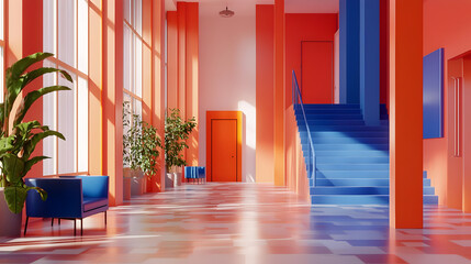 Vibrant Colorful Modern Corridor with Blue Stairs