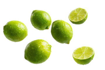 Juicy Limes Falling Dark Background Refreshing Citrus Fruit, isolated on transparent background, perfect cutout, PNG