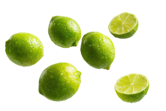 Juicy Limes Falling Dark Background Refreshing Citrus Fruit, isolated on transparent background, perfect cutout, PNG